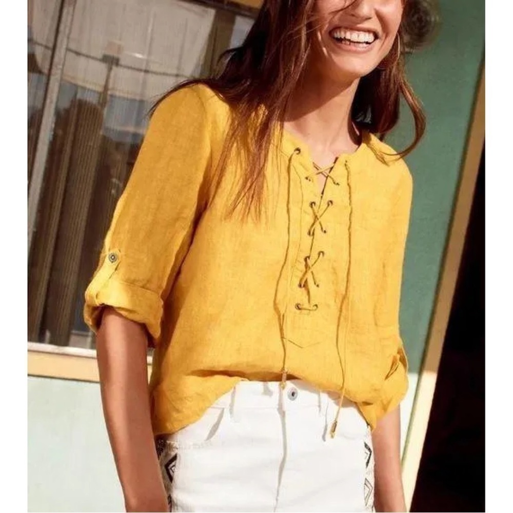 Anthropologie Maeve Yellow Marva Linen Lace Up Popover Blouse